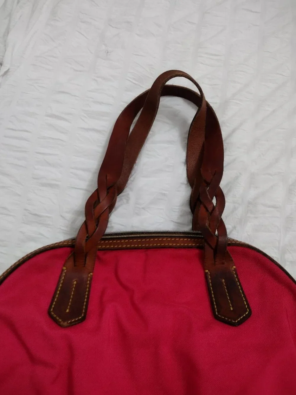 Dooney & Bourke Pink Nylon Satchel Brown Leather Trim Braided Handles Shoulder